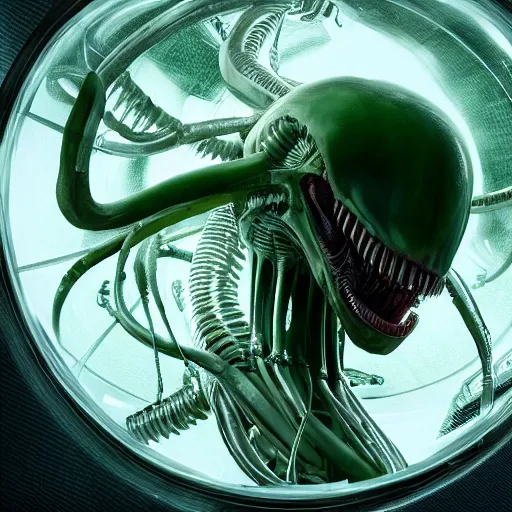 Prompt: a humanoid xenomorph floating in a circular glass tank, nerves caress the bones of the being, one eye, suspended, green liquid, attached to tubes and cables, hyper real, hyperrealistic, realistic, real, amazing detail, clear image, high octane render, anatomically correct, creepy