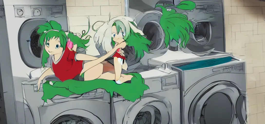 Image similar to a girl with green hair sitting on top of a washing machine inside of a laundromat by Hayao Miyazaki, anime style