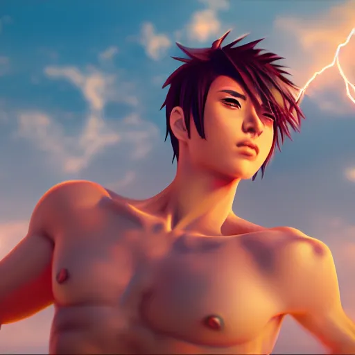 Image similar to HOT Anime man on the beach, cinematic lightning, medium shot, mid-shot, highly detailed, trending on artstation, Unreal Engine 4k,