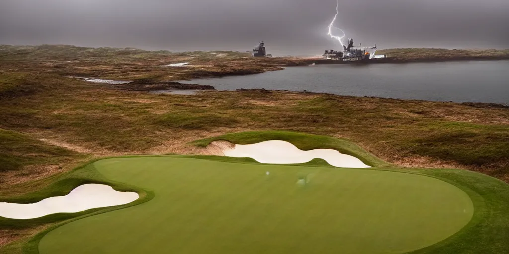 Image similar to a great photograph of the most amazing golf hole in the world, surrounded by water, giant ship wreck, lightning storm, ambient light, golf digest, top 1 0 0, fog