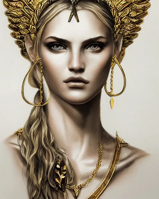 Image similar to tattoo sketch of blonde super model aphrodite greek goddess wearing a gold laurel wreath and triangle earrings, beautiful piercing gaze with sharp pupils, in the style of greg rutkowski, fantasy, amazing detail, epic, elegant, smooth, sharp focus, front view