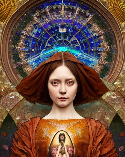 Prompt: full view realistic ethereal woman with big eyes and a glowing face, wearing a beautiful dress, mandy jurgens and ruan jia, ornate art nouveau background by elisabeth sonrel, iconography stained glass solar system background, mystical oil on linen, award winning, dramatic lighting, intricate details, realistic, full view, artstation, cgsociety