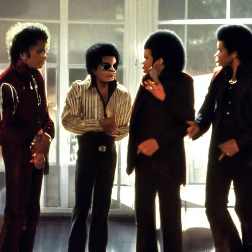 Image similar to michael jackson talking to the jacksons 5 michael jackson, movie still 8 k hdr atmospheric lighting