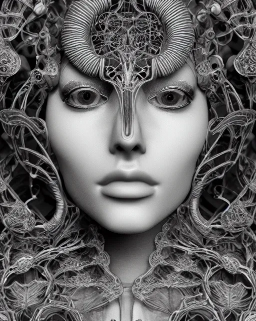 Image similar to mythical dreamy black and white organic bio - mechanical spinal ribbed profile face portrait detail of translucent steampunk beautiful female angelic - human - queen - vegetal - cyborg, highly detailed, intricate crystal ivy jelly ornate, poetic, translucent roses ornate, 3 d render, digital art, octane render, 8 k artistic photography, photo - realistic, by dora maar