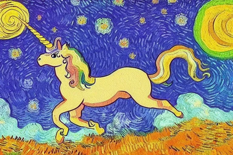 Image similar to rainbow unicorn flying in space by van gogh