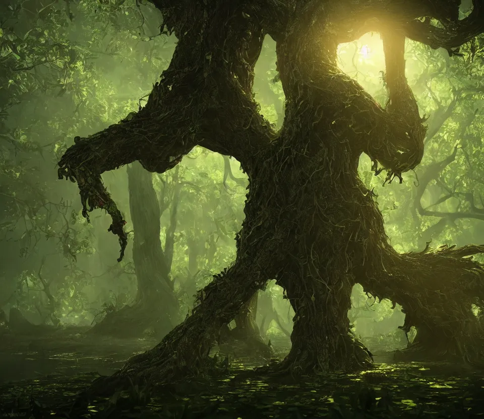 Image similar to A Tree as a monster in a glowing magical swamp, firefly, fantasy, Unreal Engine, trending on artstation, digital art.