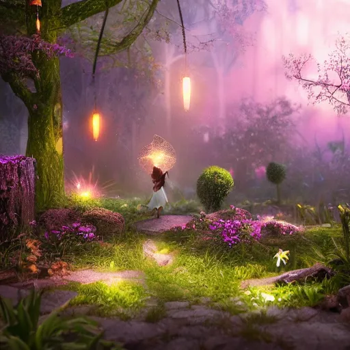 Image similar to fairy glowing magically at night concept art, realistic garden, beautiful, glorious, matte painting, highly detailed, trending on artstation, 4 k, rendered in octane