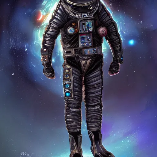 Prompt: technomancer astronaut with an epic cosmic background in the style of erak note, eddie mendoza, christophe young, character design