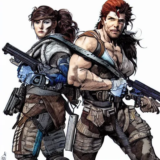 Prompt: solid snake and aloy standing back to back, posing, medium shot, natural lighting, digital art, illustration, highly detailed, by neal adams,