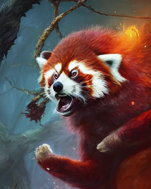 Prompt: Red Panda Shapeshifter Druid Mage, D&D, artstation, fantasy, magic the gathering artwork, cinematic lighting, centered, symmetrical, highly detailed, digital painting, , concept art, smooth, sharp focus, illustration, volumetric lighting, epic Composition, 8k, art by Akihiko Yoshida and Greg Rutkowski and Craig Mullins, oil painting, cgsociety