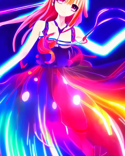 Image similar to anime style, vivid, expressive, full body, 4 k, painting, a cute magical girl idol with a long wavy colorful hair wearing a colorful dress, correct proportions, stunning, realistic light and shadow effects, neon lights, studio ghibly makoto shinkai yuji yamaguchi