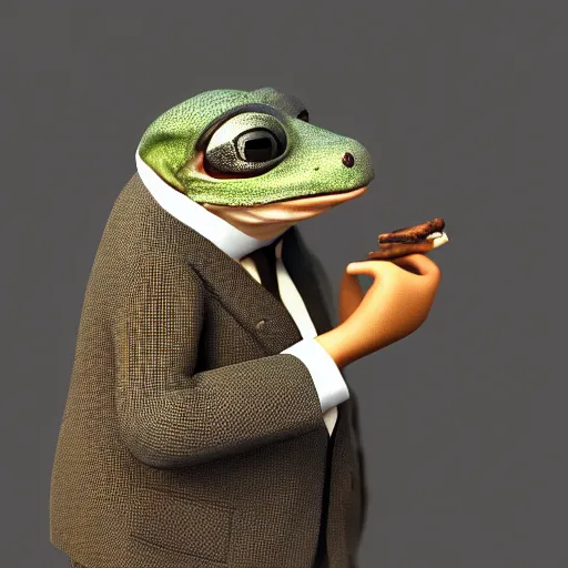 Image similar to a high quality photo of an antropomorphic mafia frog wearing a suit smoking a cigar, 3d scene, render, ultra realistic, artstation, cgsociety