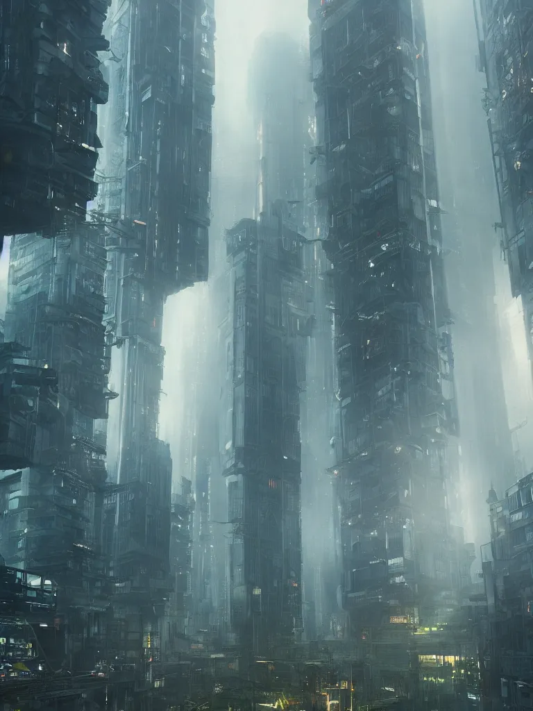 Image similar to farmer at his futuristic vertical farm growing food in a cyberpunk high rise in blade runner, 3 point perspective, atmospheric, morning light, foggy, ultra - hd, ultra - realistic