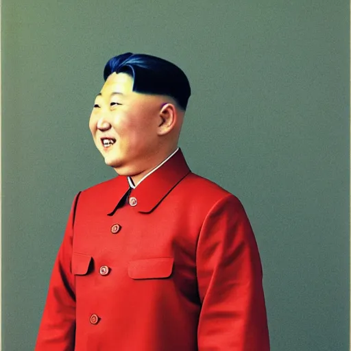 Image similar to realistic concept art photography by araki nobuyoshi of smiling north korean kim chen wearing ukrainian traditional shirt designed by taras shevchenko.