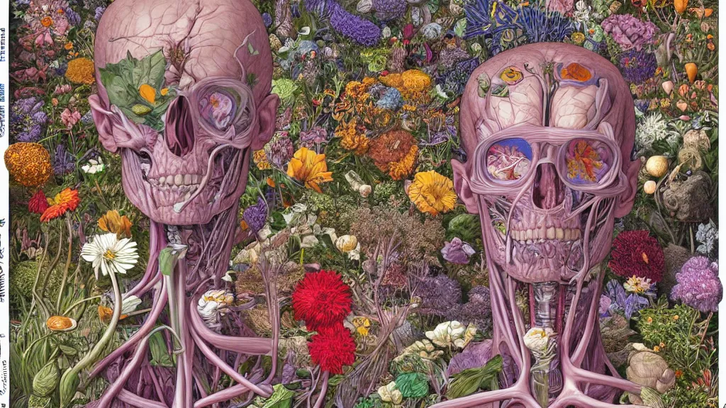 Prompt: highly detailed illustration of a human anatomy head surrounded all the known species of flowers by juan gatti, by moebius!!, by oliver vernon, by joseph moncada, by damon soule, by manabu ikeda, by kyle hotz, by dan mumford, by kilian eng