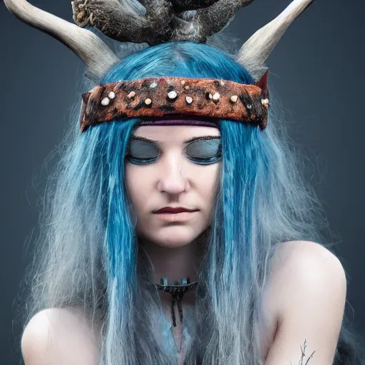 Image similar to A young female shaman, blue hair and antlers on her head. blindfolded, heilung, in the style of Heather Theurer, headshot photoshoot, insanely detailed and intricate, beautiful, elegant, cinematic toplight, portrait, headroom, artstation, made by karol bak