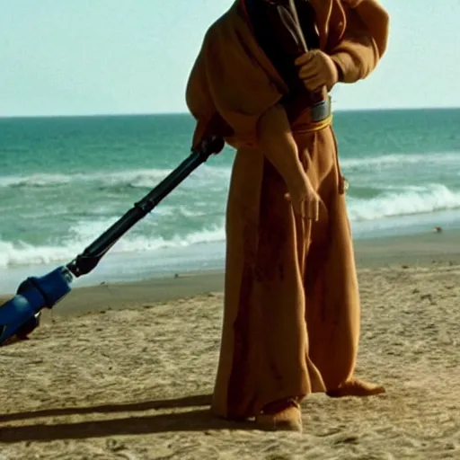 Prompt: anakin skywalker vacuuming the beach to remove sand