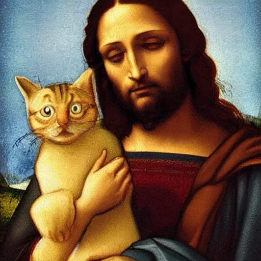 Image similar to portrait of jesus holding a cute cat, digital art, by leonardo da vinci