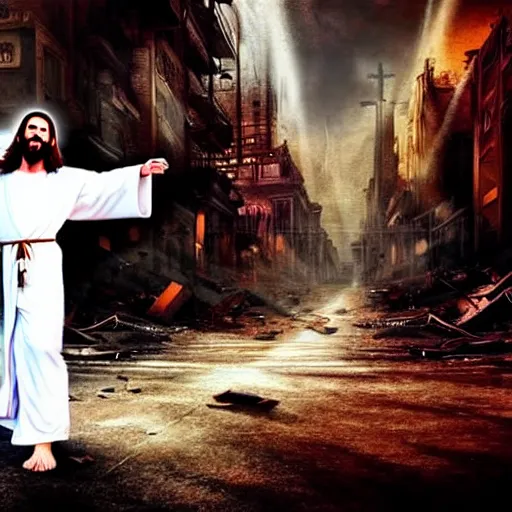 Image similar to jesus christ in a white robe strikes a dramatic dance pose on dead bodies in streets of an apocalyptic metropolis destroyed after war, fantasy art, dramatic lighting, insane details