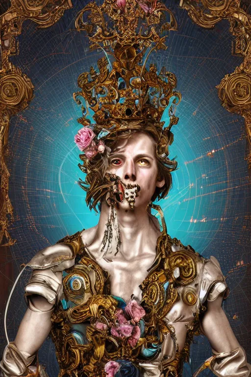 Prompt: full-body baroque and cyberpunk style sculpture of a young handsome Spanish prince half android with a chest opening exposing circuitry and blue electric sparks, glowing pink laser eyes, crown of peach roses, flowing teal-colored silk, fabric, flowers. baroque elements, human skull. full-length view. baroque element. intricate artwork by caravaggio. many many birds birds on background. Trending on artstation, octane render, cinematic lighting from the right, hyper realism, octane render, 8k, depth of field, 3D