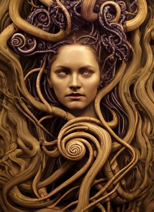 Prompt: medusa made of wax, wooden art nouveau swirls, strong subsurface scattering, cables, tubes, subsurface scattering, in the style of ruan jia and tomasz alen kopera and giger, subsurface scattering, mystical colors, rim light, dramatic lighting, 8 k, stunning scene, raytracing, octane render, trending on artstation