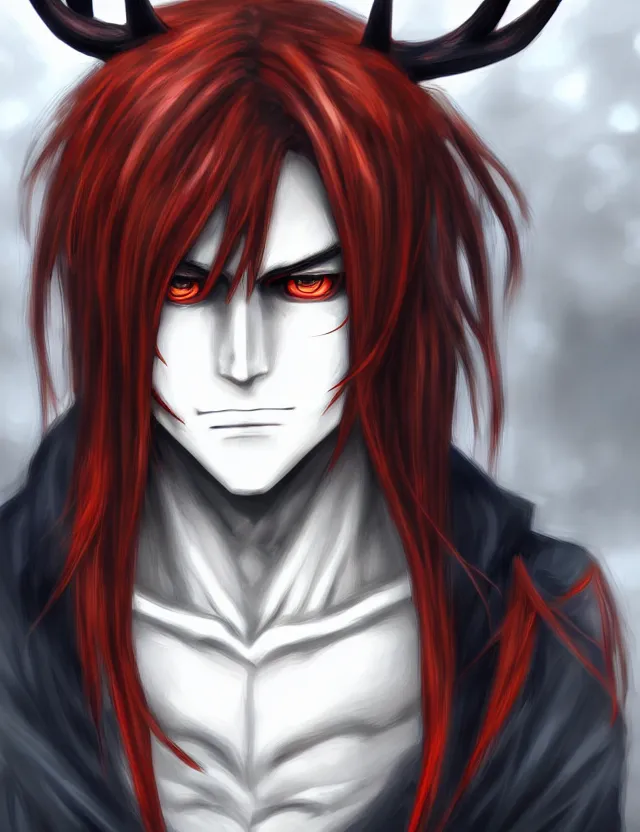 Prompt: a detailed manga portrait of a shadowy handsome demon boy with dark antlers and long crimson hair and glowing orange eyes, trending on artstation, digital art, 4 k resolution, detailed, high quality, sharp focus, hq artwork, coherent, insane detail, character portrait