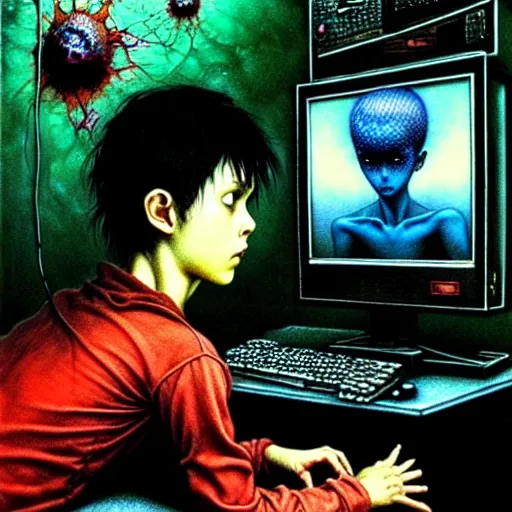 Prompt: a figure of a boy in front of a pc computer monitor in an old soviet apartment by ayami kojima, amano, karol bak, neo - gothic, gothic, rich deep colors. beksinski painting, from a movie by david cronenberg. art by takato yamamoto. masterpiece. realistic detailed image