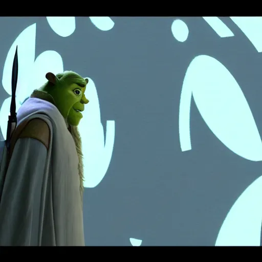 Image similar to movie frame from star wars of shrek as obi wan kenobi from the hello there scene, hd, 8 k, bluray