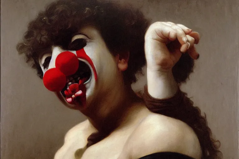 Prompt: portrait of a killer clown, Art by William Adolphe Bouguereau