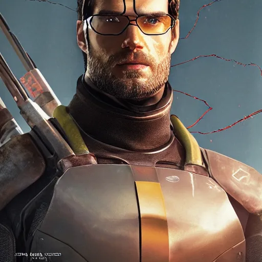 Image similar to a potrait of Henry Cavill as Gordon Freeman in half-life 2 with full armory by Greg Rutkowski, Sung Choi, Mitchell Mohrhauser, Maciej Kuciara, Johnson Ting, Maxim Verehin, Peter Konig, Zack Snyder, 8k photorealistic, cinematic lighting, HD, high details, dramatic, trending on artstation, full body shot