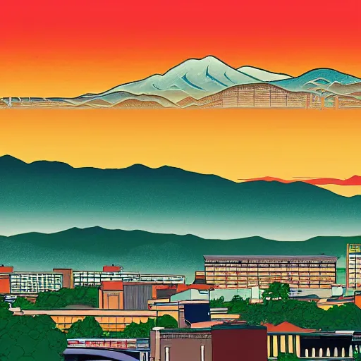 Image similar to asheville skyline, digital art, utamaro kitagawa style