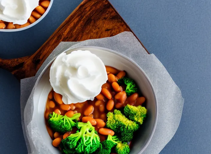 Image similar to food photo still of paper cup of soft serve swirled frozen yogurt topped with baked beans and broccoli, 8 5 mm f 1. 8