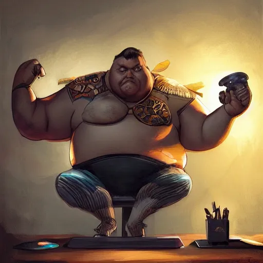 Image similar to a insanely detailed painting of a slightly overweight man wearing a homemade superhero costumed, sitting at a computer desk, nervously and clicking on the mouse, in the style of peter mohrbacher, dramatic lighting and composition, trending on artstation, concept art, comic book