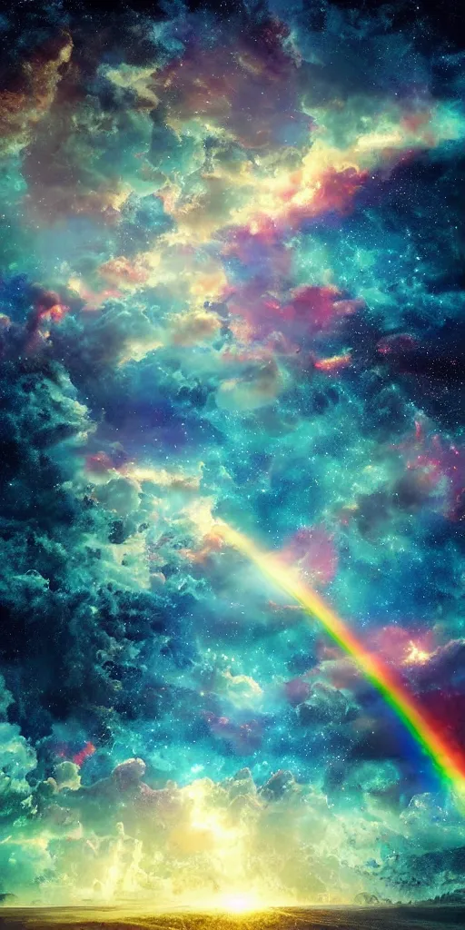 Image similar to hyper realistic photo of beautiful dreamy sky full of a billion rainbow stars, yoda, hyper realistic, fractal art, art station, coherent design, symmetrical, vivid colour, complementary colour, golden ratio, detailed, sharp lines, intricate, rainbow shift, in unreal 3 d engine, ray tracing, octane render