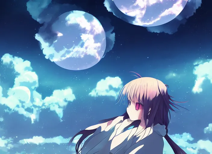 Image similar to illustration night sky clouds multiple moons | | anime key visual, official media, illustrated by wlop, extremely detailed, 8 k, trending on pixiv, cinematic lighting, beautiful