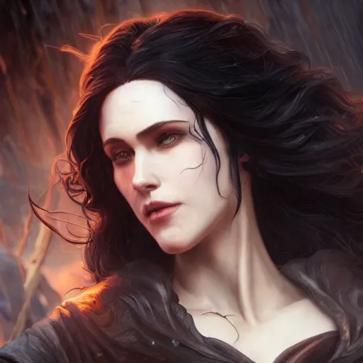 Prompt: Yennefer from The Witcher Game close up with a crazy excited expression, intricate, cinematic lighting, highly detailed, digital painting, artstation, concept art, smooth, sharp focus, illustration, art by Artgerm and Greg Rutkowski and Alphonse Mucha