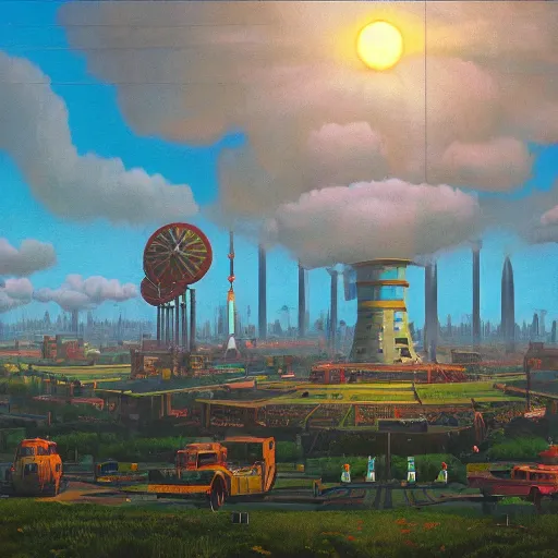 Image similar to An atompunk city with the sun shining through the clouds,in utopia by Simon Stålenhag In style of Grant Wood.hyper detailed,8K Resolution.oil on canvas