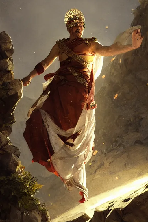 Image similar to ancient roman steve buscemi ascending wearing the civic crown while he levitates and hovers above the ground glowing with power small rocks and pebbles begin lifting off the ground around him, art by anders zorn, wonderful masterpiece by greg rutkowski, beautiful cinematic light, american romanticism by greg manchess, jessica rossier