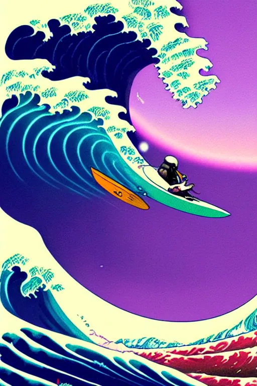 Image similar to a beautiful digital painting of an astronaut surfing the great wave off kanagawa on a purple surboard by greg rutkowski