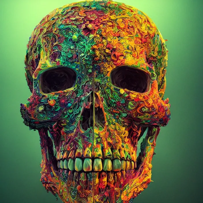 Image similar to portrait of a hypercolor skull. infected with zombie virus. intricate abstract. intricate artwork. nightmare fuel. by Tooth Wu, wlop, beeple, dan mumford. octane render, trending on artstation, greg rutkowski very coherent symmetrical artwork. cinematic, hyper realism, high detail, octane render, 8k, iridescent accents