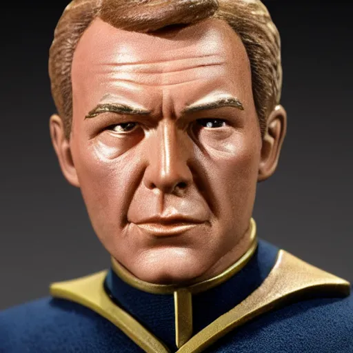 Image similar to photograph of captain j. kirk from star trek in absolute disbelief, shocked. sharp photograph, sharp focus, highly detailed,, detailed face!!, ultra realism, dramatic lighting, zeiss lens, canon eos, detailed skin, dynamic pose, 8 k resolution, hyperrealism, portrait photography