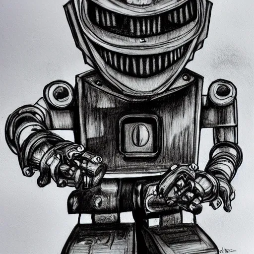 Image similar to a scary horror themed robot, drawn with charcoal and pen and ink