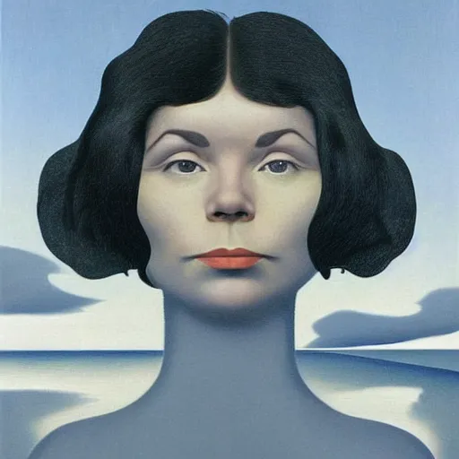 Image similar to very detailed portrait of bjork's face and long hair floating above the dark icelandic ocean into a gray sky. painted by rene magritte, 1 9 2 7. oil on canvas.