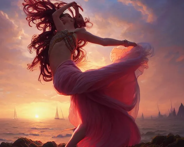 woman dancing in extacy, sunset, deep focus,, fantasy