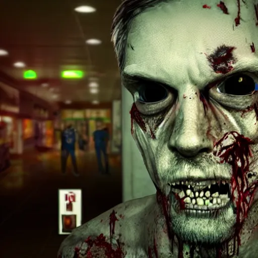 Prompt: highly detailed portrait of a boomer zombie from left 4 dead, style of stephen bliss, in a shopping mall with waterfountain, unreal engine, global illumination, detailed and intricate environment