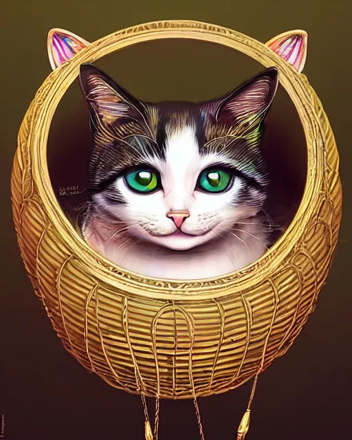 Image similar to cute female cat inside an ornate flying balloon basket of iridescent liquid, alchemy, shiny plastic, intricate, bloom, detailed, volumetric lighting, sharp focus, photorealism, digital painting, highly detailed, concept art, by by artgerm and wlop
