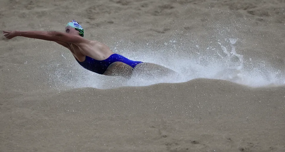 Image similar to olympic swimming in sand instead of water, extremely coherent, motion blur