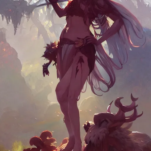 Image similar to cute Whimsical Tiefling Druid with devil tail D&D, fantasy, full body portrait, highly detailed, digital painting, artstation, concept art, sharp focus, illustration, art by greg rutkowski and alphonse mucha