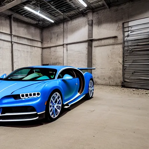 Image similar to an abandoned, derelict, ( really rusty ) bugatti chiron in a dirty warehouse