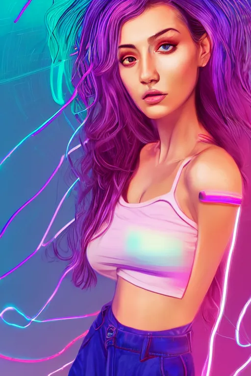 Image similar to a award winning half body portrait of a beautiful woman with stunning eyes in a croptop and cargo pants with ombre purple pink teal hairstyle and hands in pockets by thomas danthony, surrounded by whirling illuminated lines, outrun, vaporware, shaded flat illustration, digital art, trending on artstation, highly detailed, fine detail, intricate